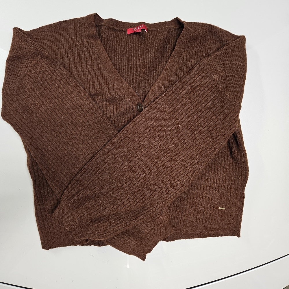 Guess Brown Ribbed V-Neck Button Cardigan - Picture 2 of 4